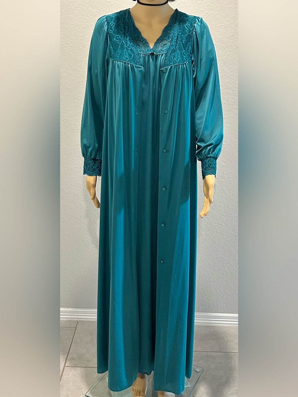Long Teal Button-Front Lace-Trim Nightgown